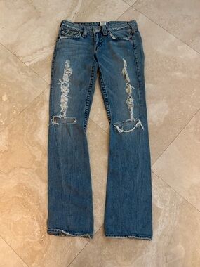 True Religion Vintage Joey Flared Medium Wash Distressed Jeans / Womens Size 28